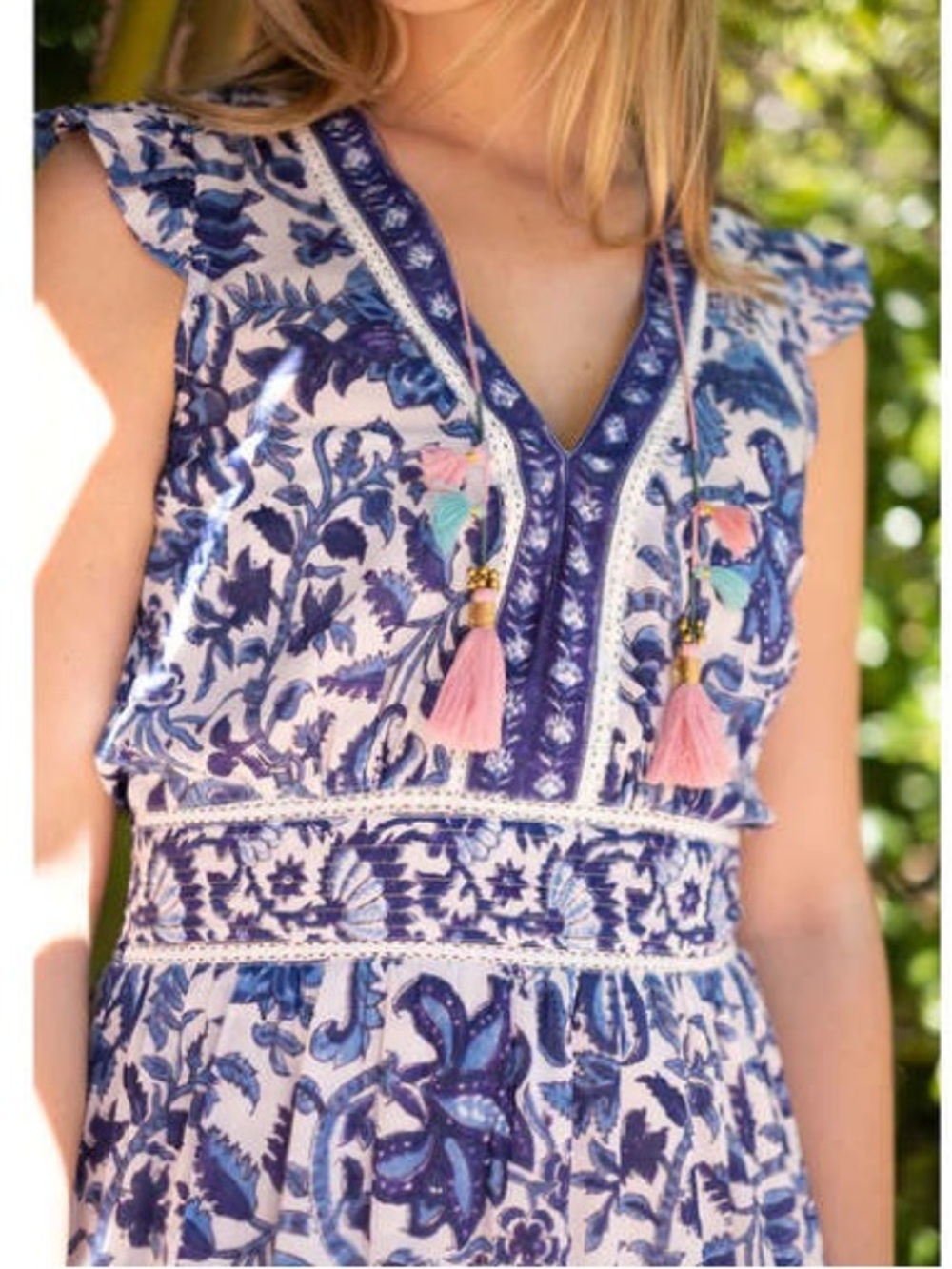 Bell by Alicia Bell || Tassel Mini Dress Block Print Floral Silk White Blue S